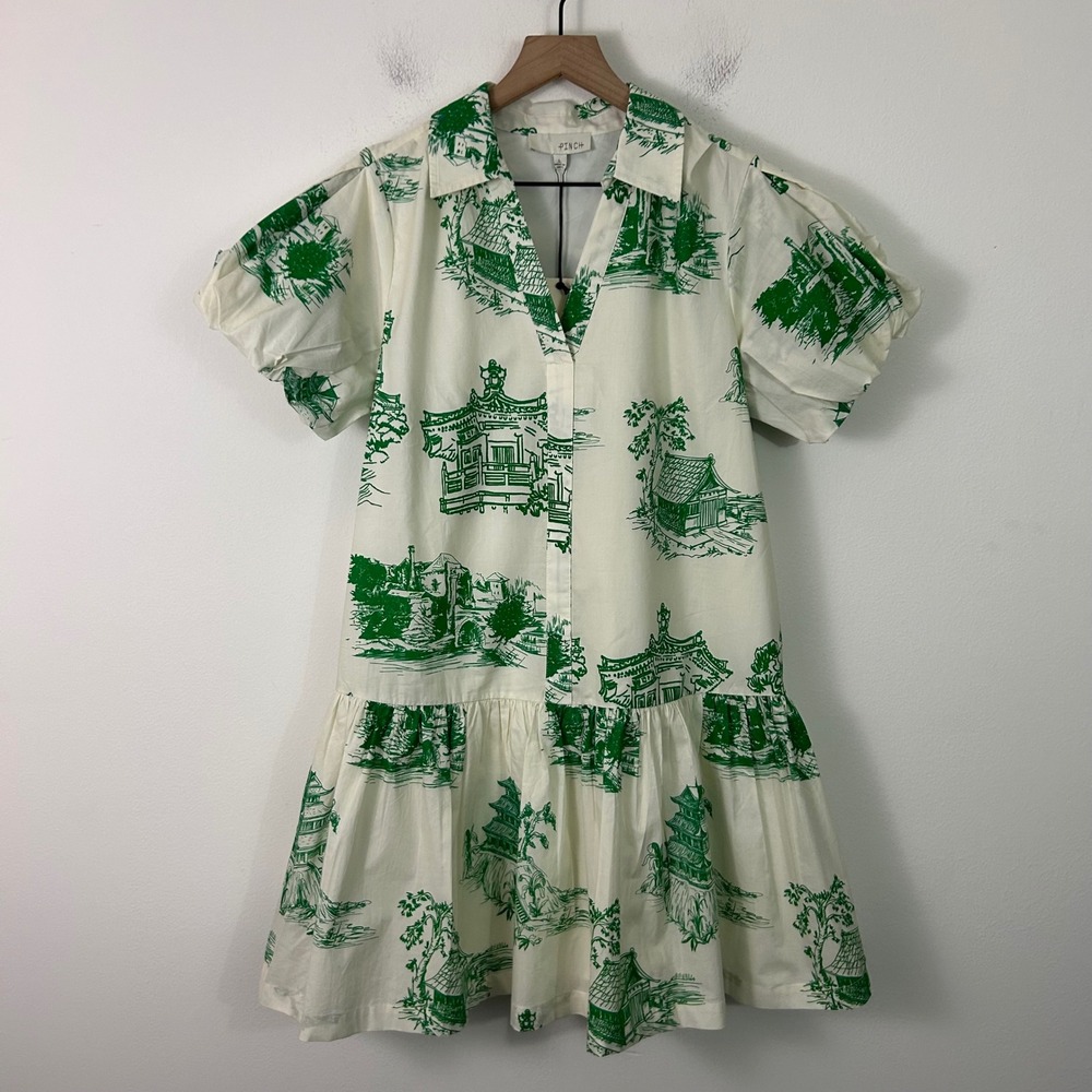 PINCH Babydoll Mini Dress Green Toile de Jouy Cotton Size L NWT